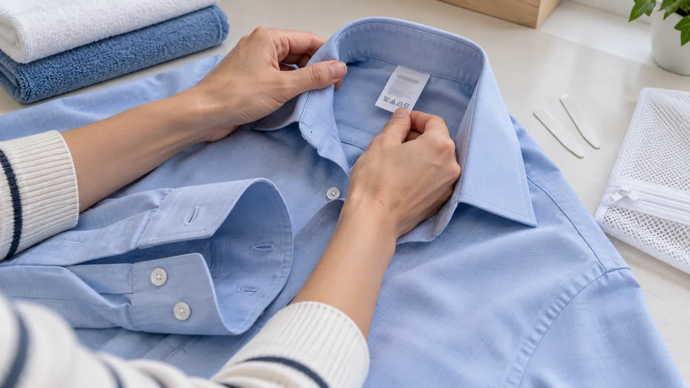 Manos revisando la etiqueta de una camisa celeste con cuello y puños abiertos y ballenas removibles apartadas