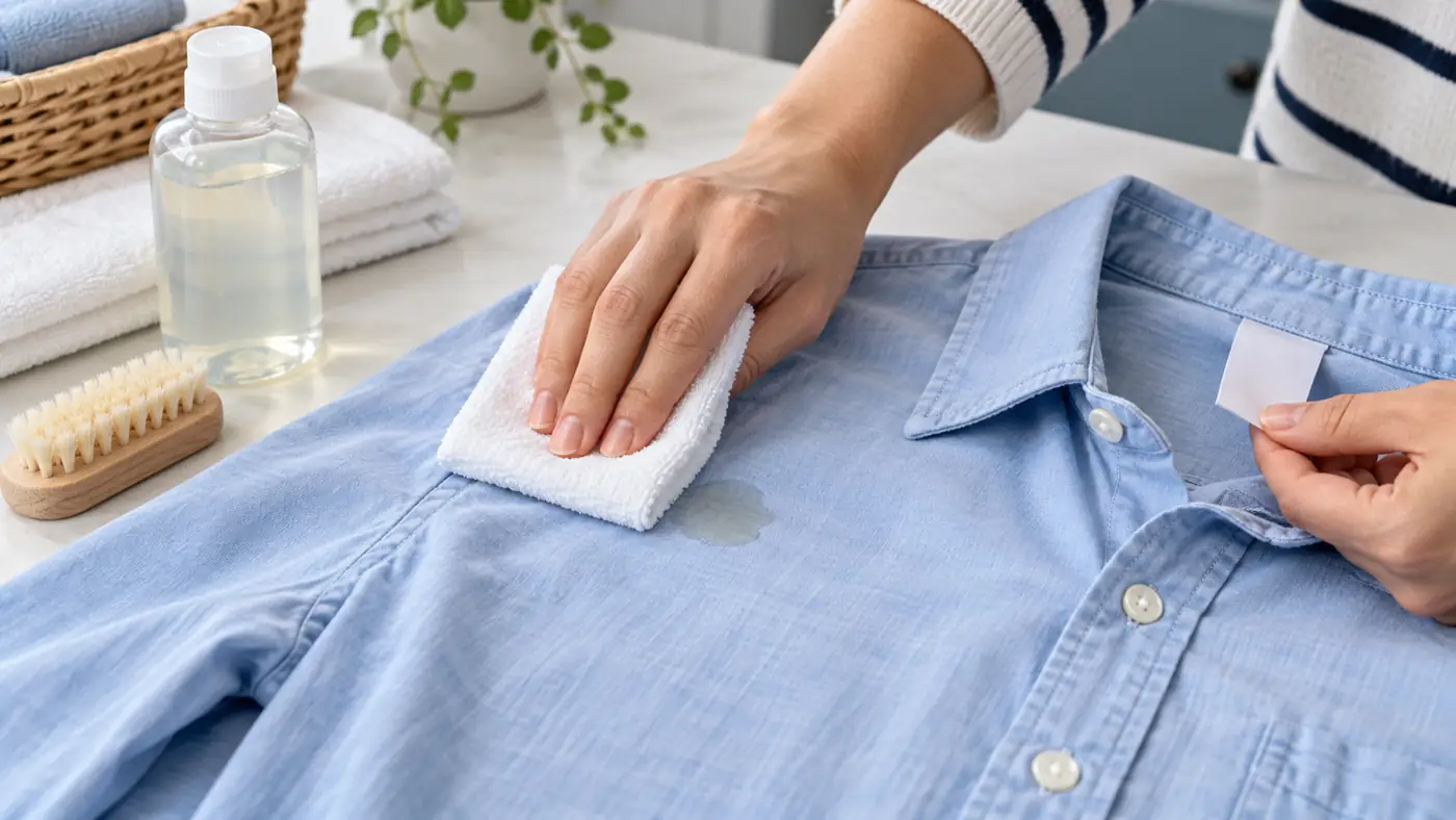 Mano presionando un paño blanco sobre una mancha de aceite en una camisa celeste mientras se revisa la etiqueta