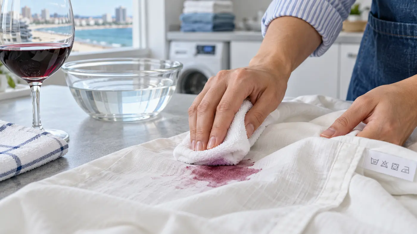 Manos presionando un paño blanco sobre una mancha fresca de vino en una prenda clara, con la etiqueta de cuidado visible