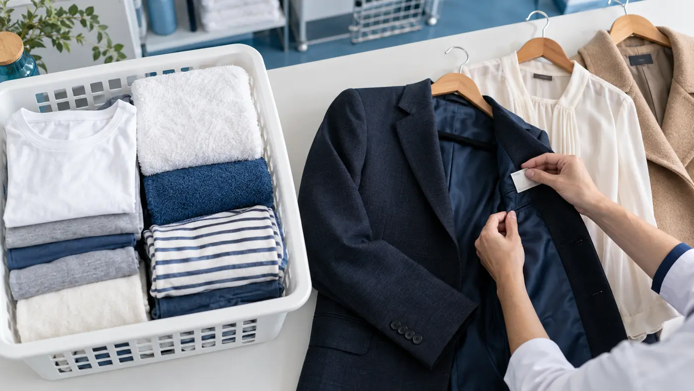 Canasta con ropa cotidiana junto a un saco, una blusa y un tapado revisados por separado