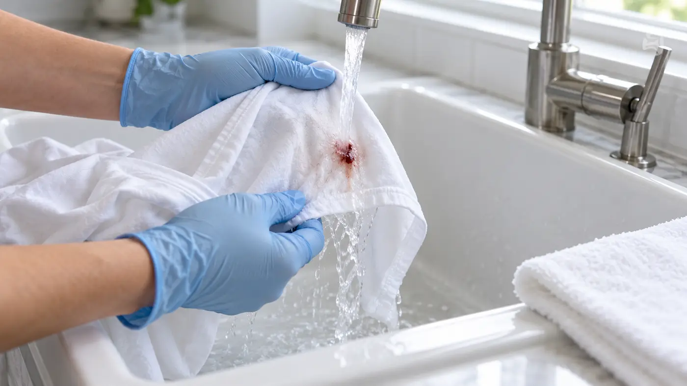 Manos con guantes enjuagando con agua fría desde el reverso una pequeña mancha de sangre en una prenda blanca