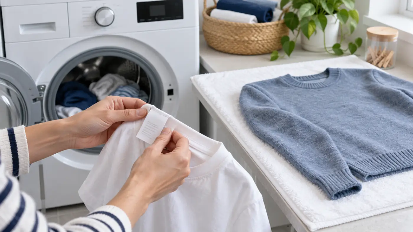 Persona revisando la etiqueta de una remera blanca junto a un lavarropas y un sweater azul secándose en plano