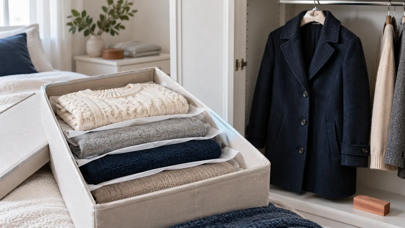 Sweaters secos doblados con papel de protección en una caja y un tapado azul colgado en una percha ancha