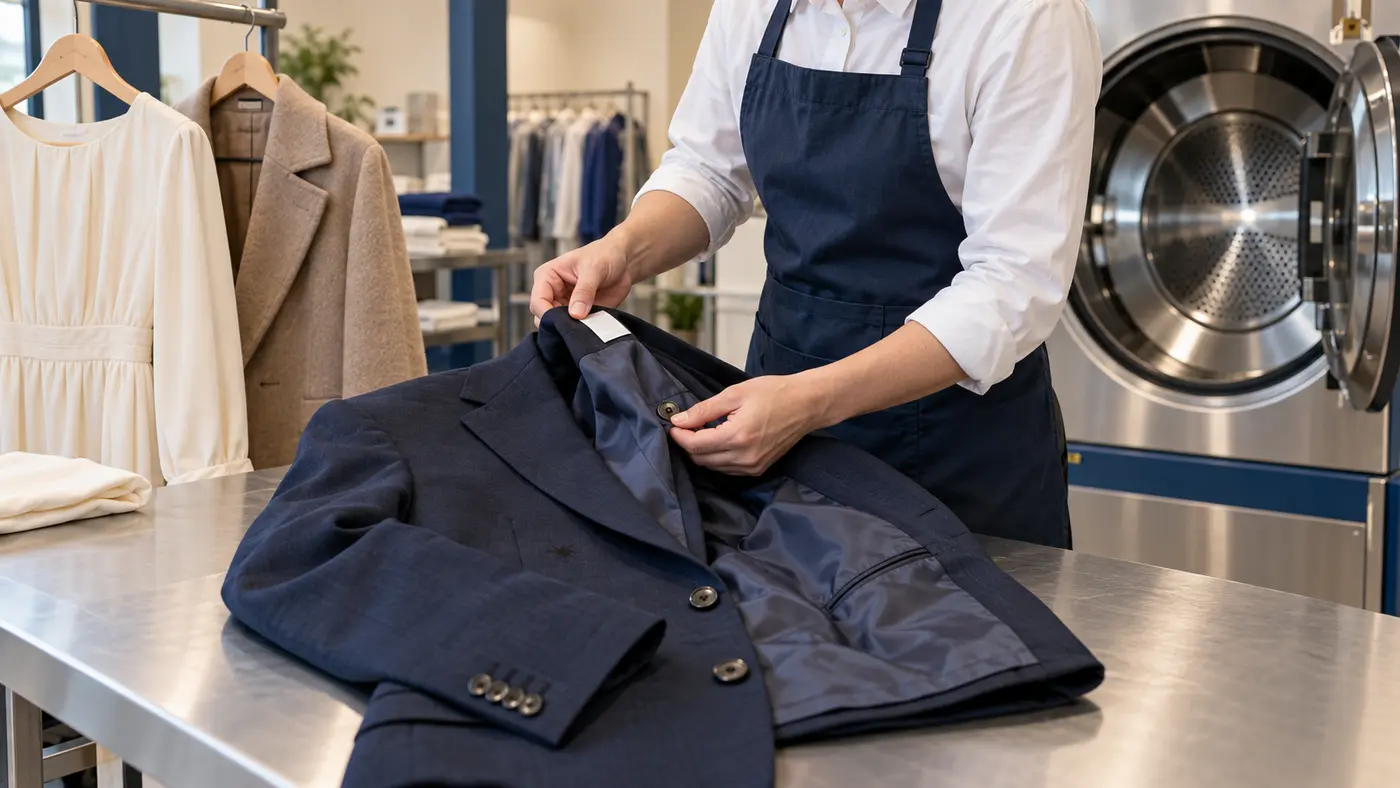 Profesional inspeccionando etiqueta, forro, botones y una mancha de un saco junto a una máquina cerrada de cuidado textil