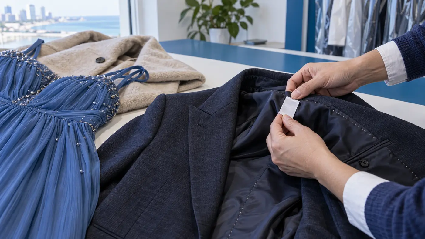 Manos revisando el forro y la etiqueta de un saco estructurado junto a un vestido con adornos y un tapado