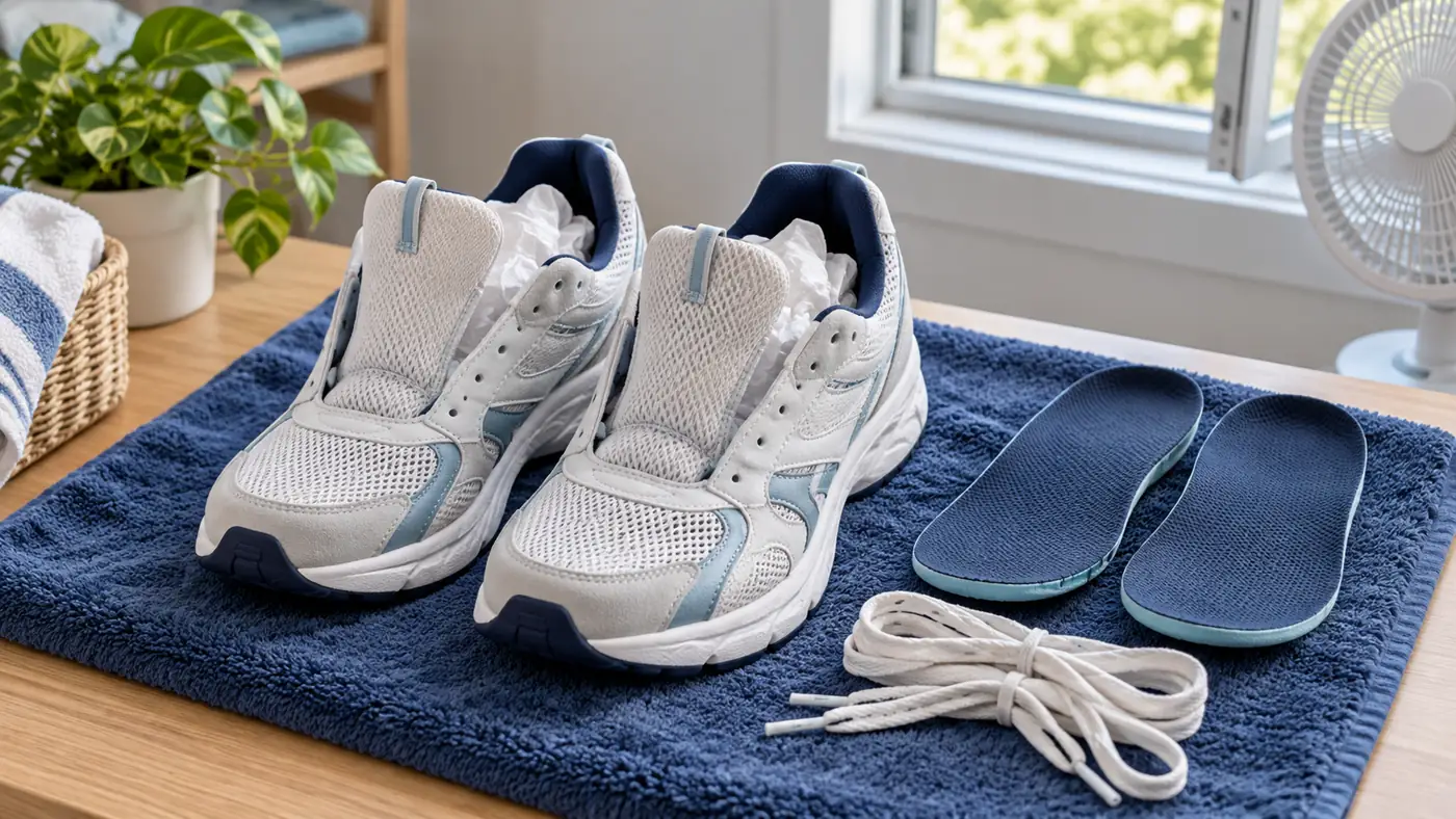 Par de zapatillas abiertas secándose sobre una toalla, con papel blanco absorbente en el interior y plantillas y cordones separados