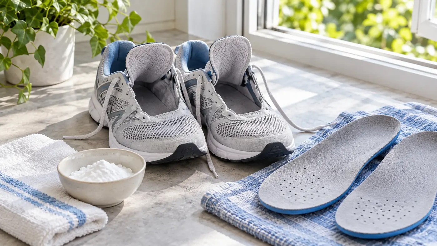 Par de zapatillas abierto y ventilado con las plantillas separadas, una toalla limpia y un recipiente con bicarbonato